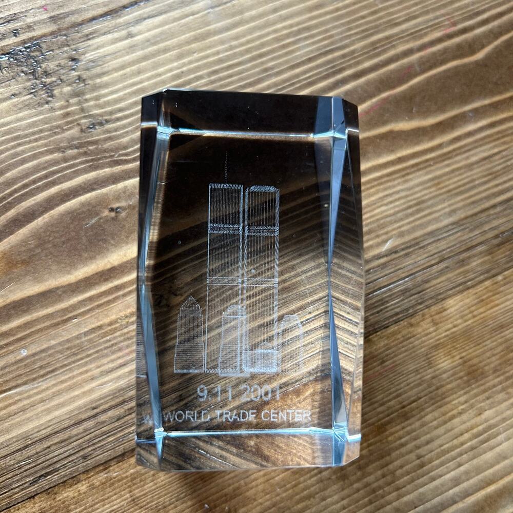 World Trade Center 9/11/2001 Laser Cut/Etched Crystal Glass Paperweight 3”